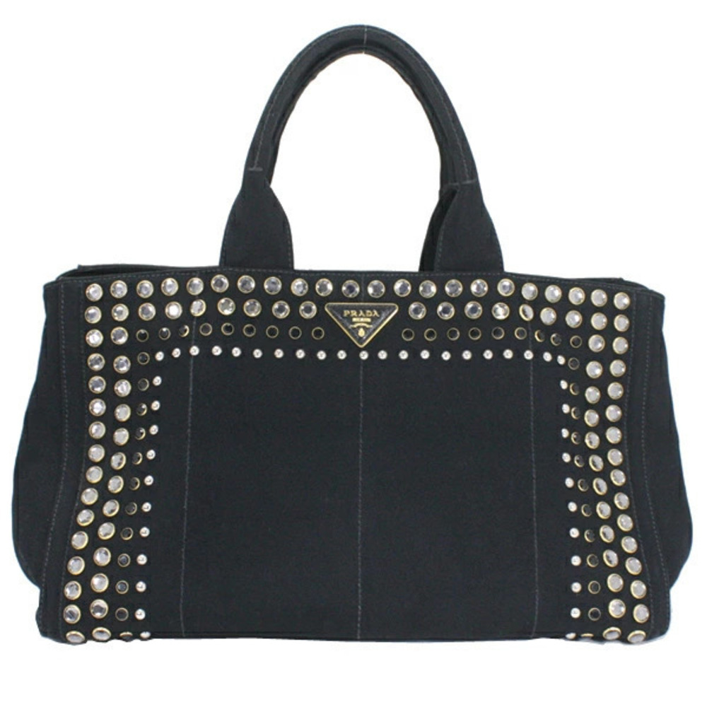 Prada 2way Canapa Bag Black Rhinestone Handbag Tote Studs Canvas